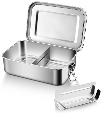 E-far Stainless Steel Bento Box, Medium 850ml Metal Bento Lunch Box Container, 30oz Leak-Proof Lunch Container with Lids and 2 Removable Dividers, Reusable Meal Storage for Camping Picnic Travel Work