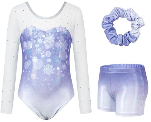 JiAmy Justaucorps gymnastique fille, Combinaison de Gymnastique à Manches Longues pour Fille avec Short et Serre-tête, pour Enfants de 3-12 Ans