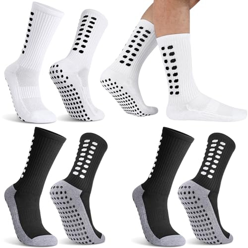 Zuimei 4 Pairs Football Grip Socks for Men Anti-slip Sports Socks with Rubber Tape Football Grippy Sock for Soccer Basketball Running Yoga Hiking, White Black