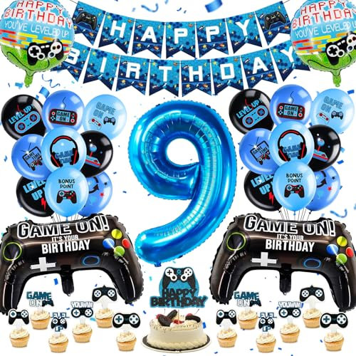 YianHien Videospiel Geburtstagsdeko 9 Jahre Jungen, Spiel Gamer Party Deko, XXL Gaming Controller Folienballon Deko, 9 Jahre Kinder Geburtstag Gaming Luftballons Deko Set mit Banner und Tortendeko