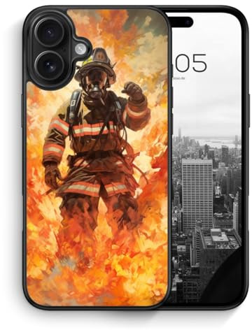 MUNIQASE Burning Firefighter - Silikon Hülle für iPhone 16 - Coole Feuerwehr Schutzhülle Handyhülle Case Cover