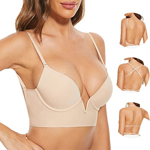 Zetopump Soutien Gorge Dos Nu-Transparent Invisible V Profond Multiples et Convertibles Soutien Gorge sans Coutures à Léger Rembourrage(Nude, 95A)