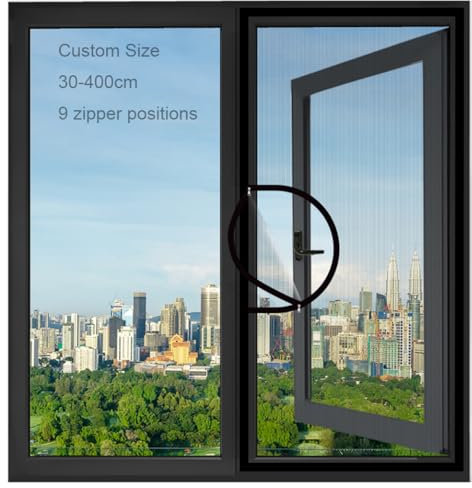 Fly Screen for Windows,Custom Size Anti-Mosquito Insect Window Mesh with Zipper,Self-Adhesive Cat Protection Window Guard Net,Tear-proof Fibergalss Netting