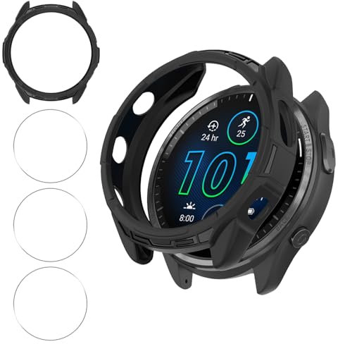 Haofun Fundas Compatible con Garmin Forerunner 965, para Protector Pantalla Cristal Templado HD Protección*3, Negro Completa PC Dura Estuche Case*1