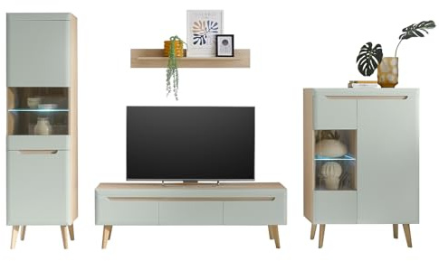 Furn.Design Wohnwand in Pistazie matt und Scandi Eiche Wohnkombination skandinavisch 4-teilig 343 x 197 cm, Isgard