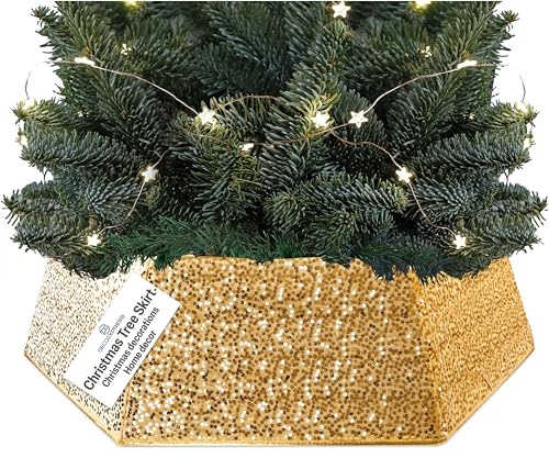 DECO EXPRESS Christbaumständer Abdeckung mit Glitzernden Pailletten, 85 x 25 cm, Hexagon Tannenbaum Kragen, Ideal als Weihnachtsbaum Deko (Gold Pailletten)
