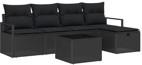 vidaXL 6-teiliges Gartensofa-Set mit Kissen in Schwarz, aus Poly-Rattan, im modularen Design, mit verstellbaren Füßen, handgewebt. Perfekt für die Terrasse, Gartenmöbel, Lounge im Freien. Wetterfest.