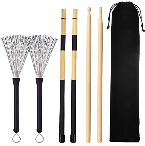 Agmoctz 6 Pieces Jazz Drumsticks Set 5A Drumsticks Retractable Drum Wire Brushes Sticks for Kids,Adults,Rock Band