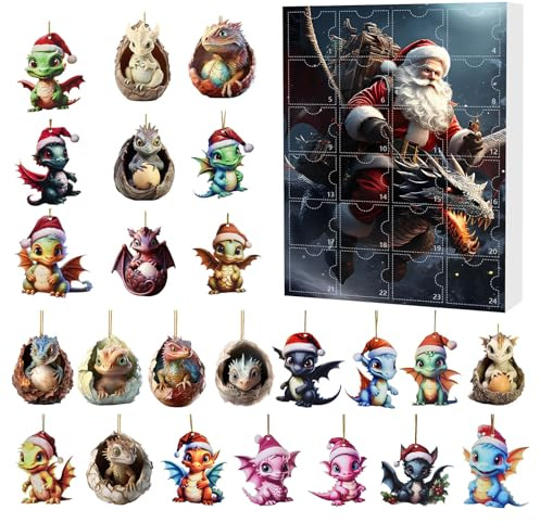 Drachen Adventskalender 2025, 2025 Adventskalender Kinder, 24 Tage Weihnachtscountdown mit flachen 2D Drachen-Anhängern, Geschenk für Drachenfans