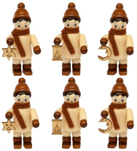 Dekohelden24 6 handgefertigte Figuren für Weihnachtspyramide, Pyramidenfiguren, Holz Laternenkinder,6er Bastelset Bastelfiguren für Schwibbogen oder Pyramide, Maße Einer Figur: 1,5 x 1,5 x 5,5 cm