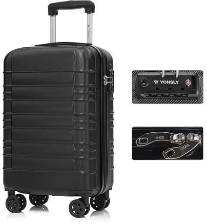YONSLY Premium Reisekoffer TSA-Schloss,YKK-Reißverschluss Hartschalen-Koffer Trolley Kabinenkoffer Rollkoffer Suitcase Handgepäck 4 Rollen (Schwarz, M)
