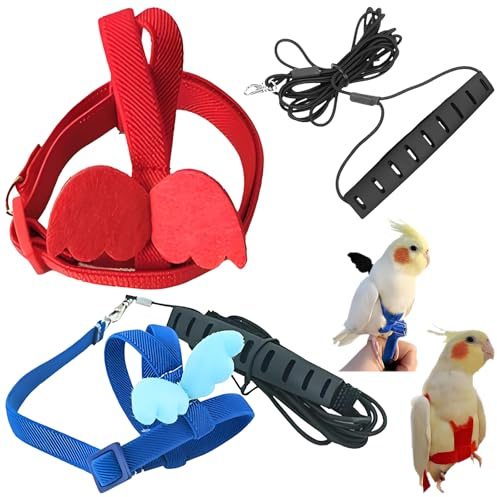 Persiiious 2 Stück verstellbares Geschirr für Papageien, 2 m Zugseil, Geschirr und Leine für Vögel, für Papageien, Kakadus, Aras, Training bei Outdoor-Aktivitäten (Blau und Rot, M)