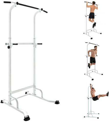 SPORTNOW Barre de traction sur pied chaise romaine réglable 120 kg blanc | Station de Musculation avec Station Dips, Power Tower Maison, Acier Solide, Entraînement Complet