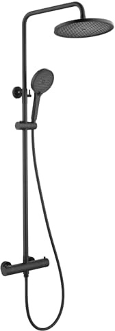 Friota Thermostatic Shower Mixer Matte Black, 38°C Anti Scald Shower Bar | Safety Lock, 250mm Round Rain Shower & 3 Jet Hand Shower, Surface Mounted Adjustable Height Rail, Easy Install Aerated Stream