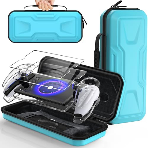 Accessories Bundle for PlayStation Portal, Carry Case with Hard PC Clear Protective Cover and Tempered Glass Screen Protector, Portable Hard Shell Travel Handbag for PS Portal Player (Light Blue)