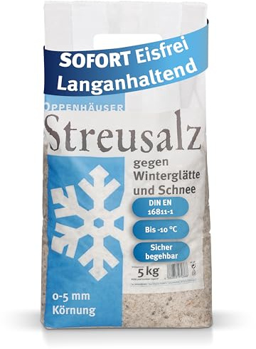 OPPENHÄUSER Streusalz 5kg: Sofort eisfrei & langanhaltend, Auftausalz | gegen Glatteis, Winterstreu für sichere Gehwege, Einfahrten & Parkplätze, Kornklasse M, DIN EN 16811-1, Premium Qualität