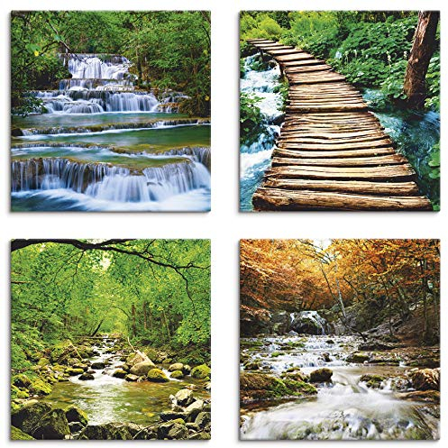 ARTLAND Wanddeko Leinwand Bilder Natur Set 4 tlg. je 20x20 cm Quadratisch Wandbilder Landschaft Gewässer Wasserfall Herbst Wald Fluss S6GL