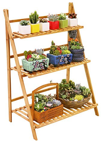 ufine bambú madera Escalera estantería para plantas de 3 niveles pantalla de flores plegable estante Rack para el hogar patio césped jardín balcón (multifuncional, 27,6 x 15.0 x 35.4 Inch,