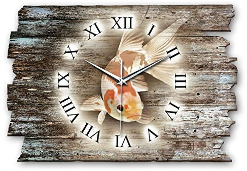 Kreative Feder Designer Wanduhr „Koi“ aus Holz 40x27cm im Shabby Style Design - Designeruhr mit flüsterleisem Uhrwerk ohne Ticken (Koi, leises Funkuhrwerk)