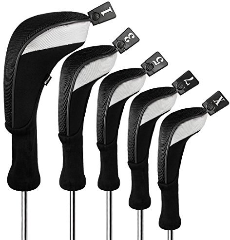 Andux Golf-Schlägerkopfhüllen für Holz mit langem Hals Packung mit 5 Unisex Schwarz