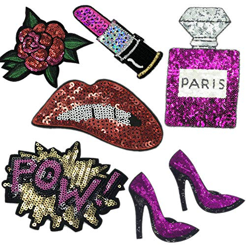 7 Pcs Purple Blue Embroidered Patches Lip/Lipstick Iron On Patch Sewing On Sequins DIY Clothes Applique Garment Motif Woman Girl Brand Patch (Purple)