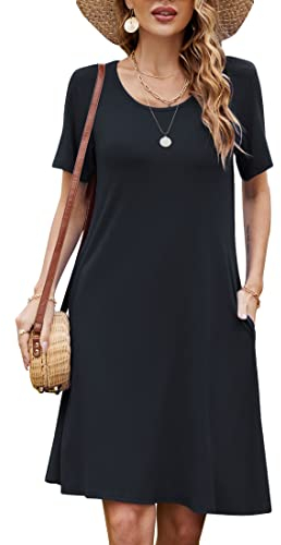 Bequemer Laden Damen Casual Sommer T Shirt Kleid Kurzarm Swing Kleider mit Taschen, XXL, Schwarz