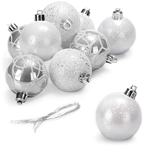com-four® 9X Weihnachtskugeln - Christbaumkugeln aus bruchsicherem Kunststoff für Weihnachten - Baumschmuck für den Christbaum, Ø 6 cm (weiß/silberfarben)