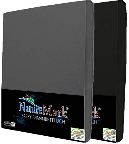 NatureMark 2er Pack Jersey Spannbettlaken, Spannbetttuch 100% Baumwolle in vielen Größen und Farben MARKENQUALITÄT ÖKOTEX Standard 100 | 90 x 190 cm - 100 x 200 cm -Anthrazit/Schwarz