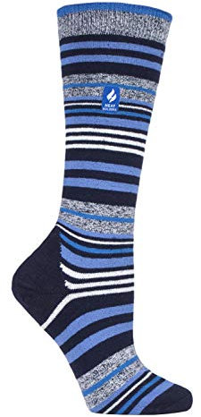 HEAT HOLDERS LITE - Ladies Thermal Ultra Thin Funky Ski Socks - Knee High Length with Padded Heel & Toe (4-8 UK, Dark Blue Stripe)