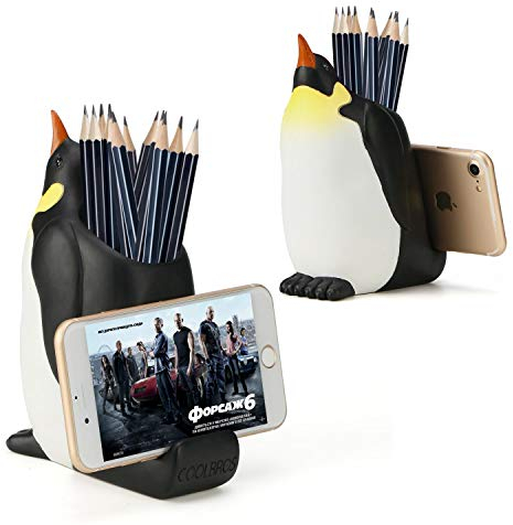 Coolbros Stiftehalter mit Handy-Ständer, Kunstharzförmiger Stiftebehälter, Schnitzerei, Bürste, Scherenhalter, Schreibtisch-Organizer (Pinguin)