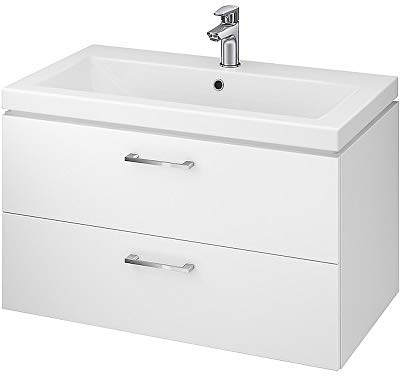 ECOLAM® Badmöbel Waschtisch Waschbecken Como 80 cm + Unterschrank Lara Waschbecken mit Unterschrank 2 Schubladen weiß glänzend - Griffe aus Metall verchromt