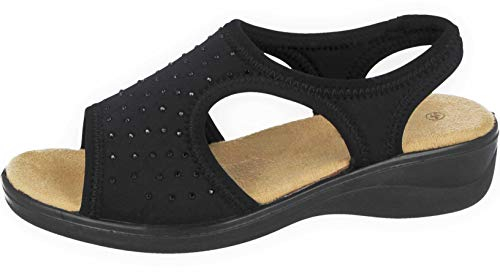 Yinka Shoes Ladies Stretch Canvas Diamante Wide Fit Lightweight Comfort Peep Toe Elastic Sling Back Flat Summer Sandals Size 3-8 (Black, Numeric_4)