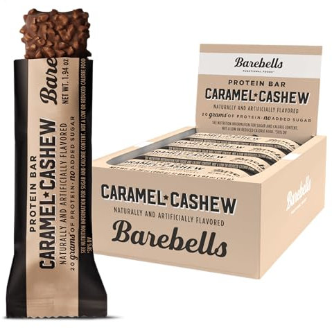 Barebells Barres protéinées au caramel et noix de cajou – 12 barres de 53,9 g avec 20 g de protéines riches en protéines – Barre protéinée au chocolat avec 1 g de sucres totaux – Barre protéinée