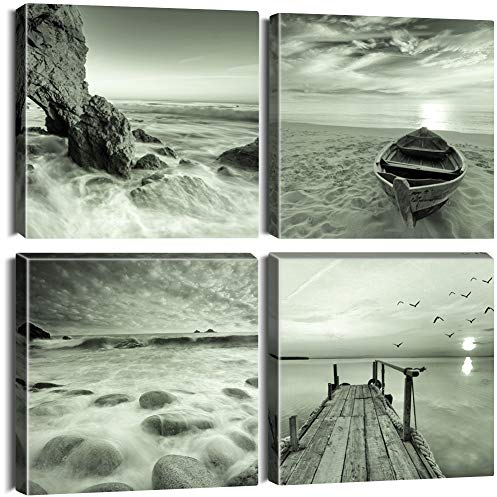 Artscope 4 Teilig Leinwandbilder mit Seaside-Grau Motiv Kunstdruck - Moderne Wandbild für Badezimmer Wohnzimmer Wanddekoration - 30 x 30 cm