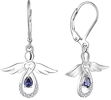 FJ Damen Schutzengel Ohrringe 925 Sterling Silber Hängend Tansanit Dezember Geburtsstein Schmuck Geschenke für Frauen Mädchen