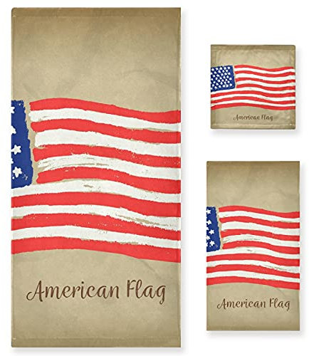 Vnurnrn Drapeau USA Ensemble de Serviettes pour Salle de Bain(1 Serviette de Bain,1 Serviette À Main,1 Gant de Toilette) Résistantes Aux Odeurs pour Garçons Filles
