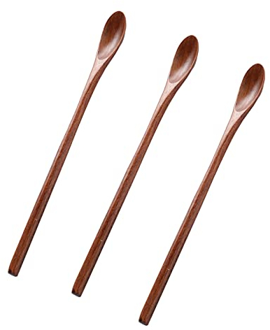 3 Piezas Cuchara de Madera Mango Largo Cuchara de Café Cuchara de Miel Cuchara de Madera Natural para Cocina Casera, Restaurantes y Hoteles, para Café, Leche, Té, Postres y Sopas (Marrón Oscuro)