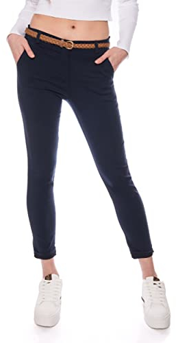 Kendindza Chino Damen Hose Stretch mit Gürtel Stoffhose Damen elegant lang (M, Blau)