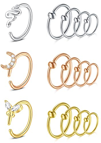 VF VFUN Nose Rings 18G Women Nose Hoop Rings Stainless Steel Snake Butterfly Moon Nostril Jeweller Piercing Diameter 6-12MM Helix Hoop Earrings Mixed Colors