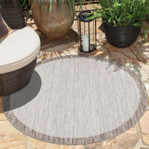 carpet city Teppich Outdoor Wetterfest - Beige - 200x200 cm Rund - Bordüre - Balkon Teppich Wasserabweisend - In-& Outdoor Teppiche für Terrasse, Garten, Küche, Bad oder Wohnzimmer