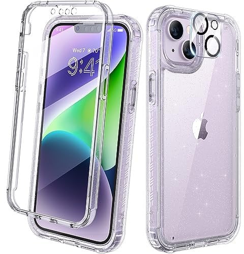 Diaclara Designed for iPhone 14 Case, Full Body Rugged Case with Built-in Touch Sensitive Anti-Scratch Screen Protector, with Camera Lens Protector for iPhone 14 6.1 (Clear Glitter)