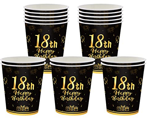 16 Stücke Pappbecher 18. Geburtstag,Einwegbecher Geburtstag,Schwarz und Gold Papierbecher 235ml,Papptrinkbecher für Party Geburtstag,Happy 18th Birthday Trinkbecher Papier Set für 18. Geburtstag Party
