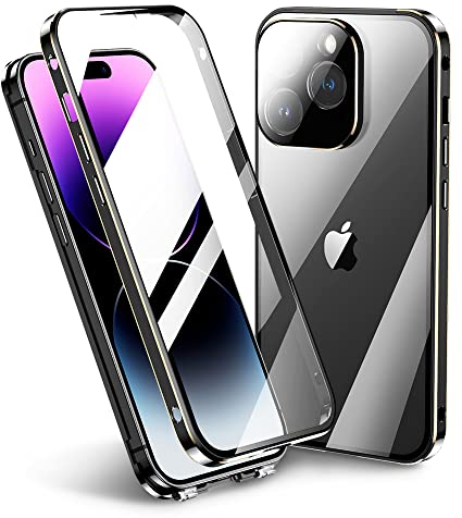 Transparente doppelseitige Schutzhülle für iPhone 14 Pro, 15,5 cm (6,1 Zoll), Hybrid-Farben, mit Displayschutzfolie und Kameraobjektivschutz, gehärtetes Glas und Schnalle, Metall-Stoßfängerhülle