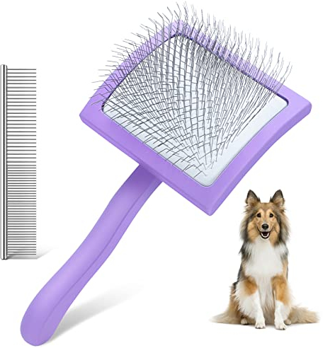 WOPQAEM Slicker Brush for Dogs, Long Pin Dog Grooming Brush for Goldendoodles, Poodles, Doodles & More, Includes Bonus Pet Comb, Perfect for De-Shedding, Dematting & Reducing Tangles. Large, Purple