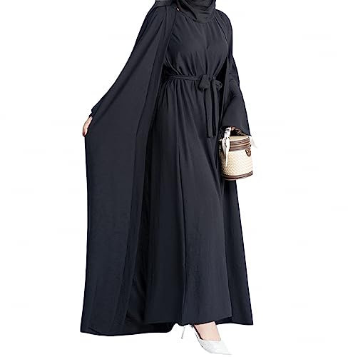 Abaya Damen Muslimische Kleider Islamisches Dubai Gebetskleid Robe Lang Cardigan Maxikleid 2 Stück, Schwarz, Large