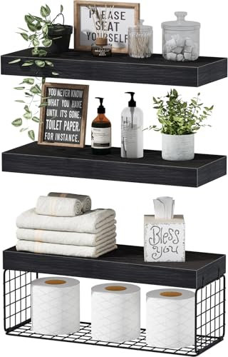 QEEIG Bathroom Shelves Over Toilet - Wall Mounted Floating Shelves Toilet Paper Storage Small Farmhouse Decor Shelf 16 inch Set of 3, Black (019-B3)