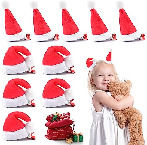 10 Stück Weihnachten Haarschmuck, Haarspangen Weihnachten, Weihnachts Haarclips, Rot Santa Hut Haarklammern Mini Weihnachtsmütze Haarschmuck für Mädchen Damen Weihnachtsdeko