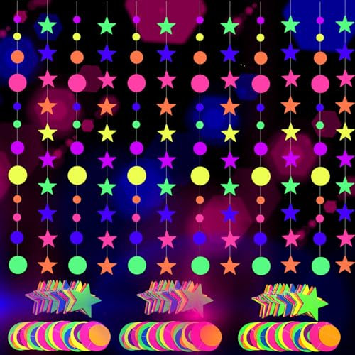 32,9 m Neon-Papier-Kreis, Punkte, Stern-Set, Girlande, leuchtet im Dunkeln, Partyzubehör, rundes Banner, UV-reaktiver Stern, Neon-Luftschlangen für Neon-Party-Dekorationen, Hochzeit, Geburtstag,