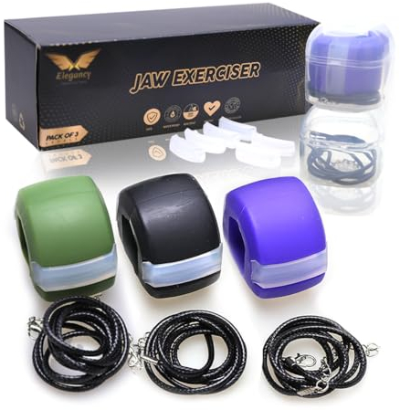 Elegancy Jaw Exerciser 3 Strengths Jaw Toner Men | Women Silicone Jawline Exerciser Chew | Double Chin Exerciser Jaw Trainer Men | 6 Biting Strips, Container Box, Necklace (Pack of 3)