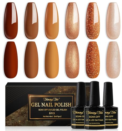 Shining She UV Nagellack Set - 6 Farben Herbst Winter Rotbraun Kaffee Braun Glitzer Gel Soak-Off UV Gel Nagellack für Anfänger DIY Nail Art, 8ml